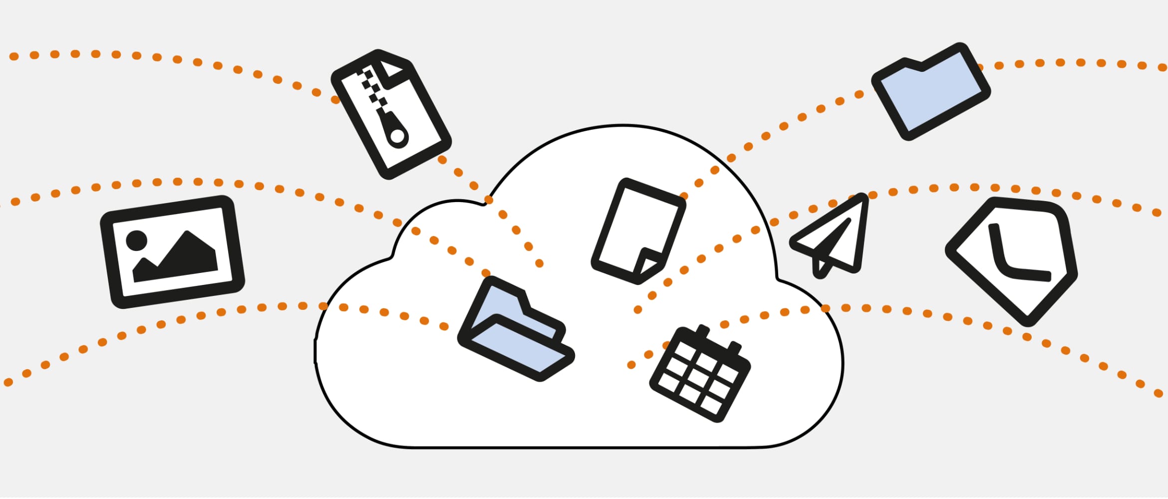 Illustration of various file, folder and media icons being pulled into a large cloud, representing the advantages of cloud storage