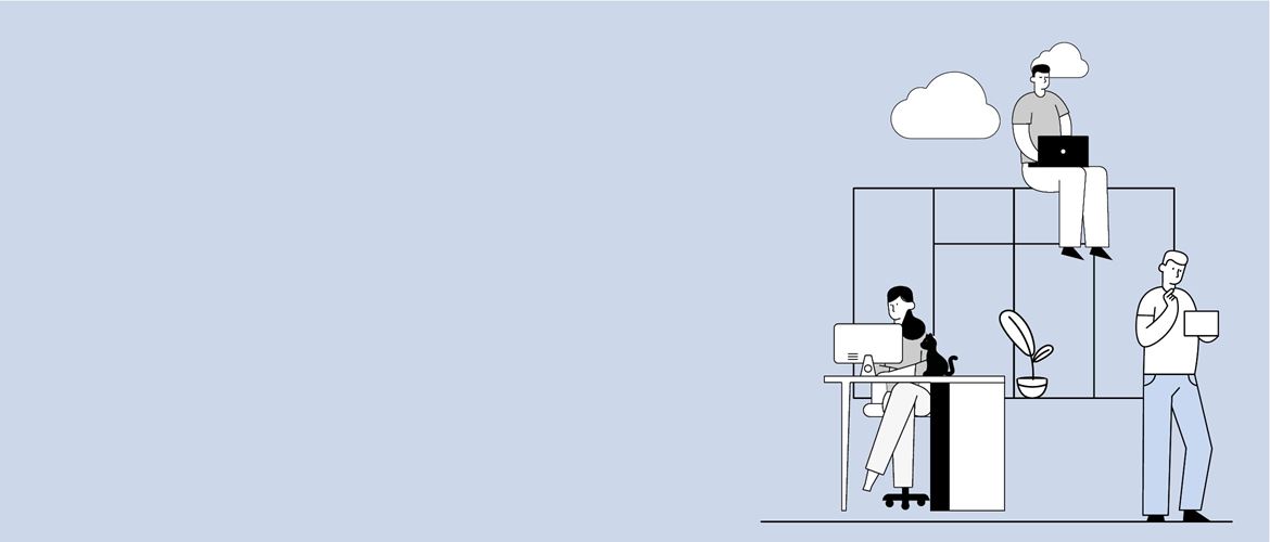 Illustration of a woman at a desk and two men by a window, depicting the benefits and flexibility of working in a home office environment