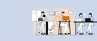 Illustration of three hybrid working scenarios - a lady working in a home environment, a man on a call at a helpdesk and two female colleagues having a discussion in an office environment