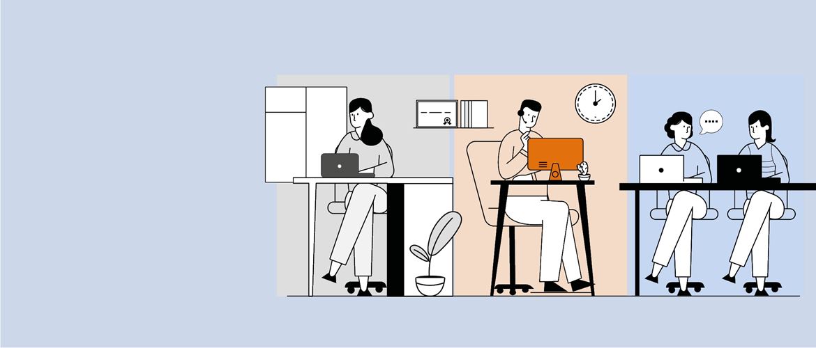 Illustration of three hybrid working scenarios - a lady working in a home environment, a man on a call at a helpdesk and two female colleagues having a discussion in an office environment