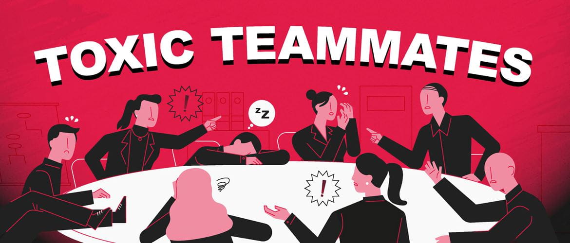 Illustration of a a group of work colleagues having a heated discussion while sat around an oval table with the title 'Toxic Temmates' above in white on a crimson background