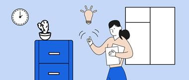 Illustration of a woman having a lightbulb moment as she's carrying paper documents for archiving in a filing cabinet