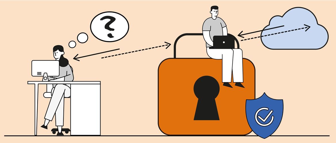 Illustration of a woman using a computer while sat at a desk with a question mark in a speech bubble, a man using a laptop computer is perched on a large padlock with security and cloud icons to her right