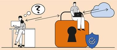 Illustration of a woman using a computer while sat at a desk with a question mark in a speech bubble, a man using a laptop computer is perched on a large padlock with security and cloud icons to his right