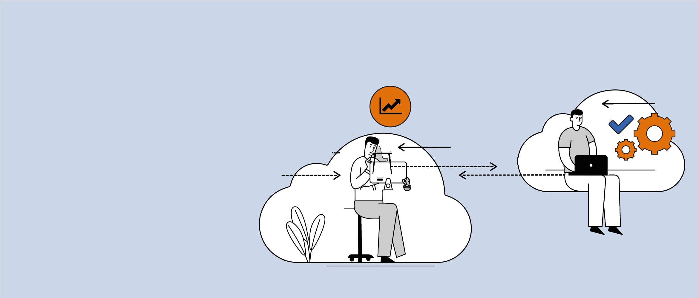 Illustration of two people, each using a computer while sitting in separate clouds with work related icons around them and arrows depicting data flow between the two