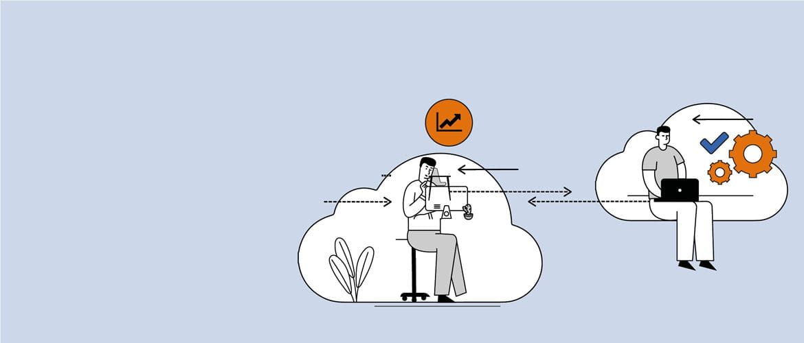 Illustration of two people, each using a computer while sitting in separate clouds with work related icons around them and arrows depicting data flow between the two