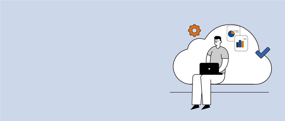 Illustration of a man using a notebook computer while sitting in a cloud with document thumbnails and cog and checkmark icons around him