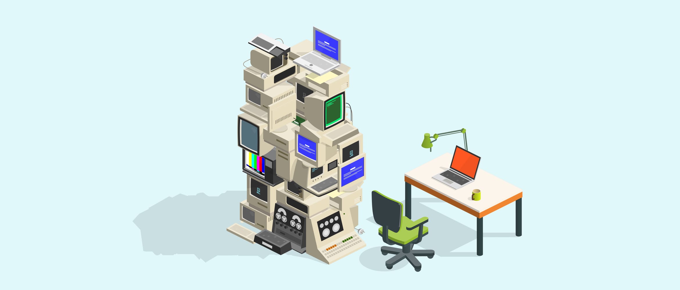 Illustration of a pile of vintage computers and monitors stacked next to a brand new notebook computer on a modern office desk with chair and lamp