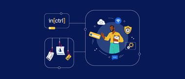 Illustration of an IT leader with icons representing security surrounding him, while a confidential document, password and credit card are on hooks to represent the threat of phishing