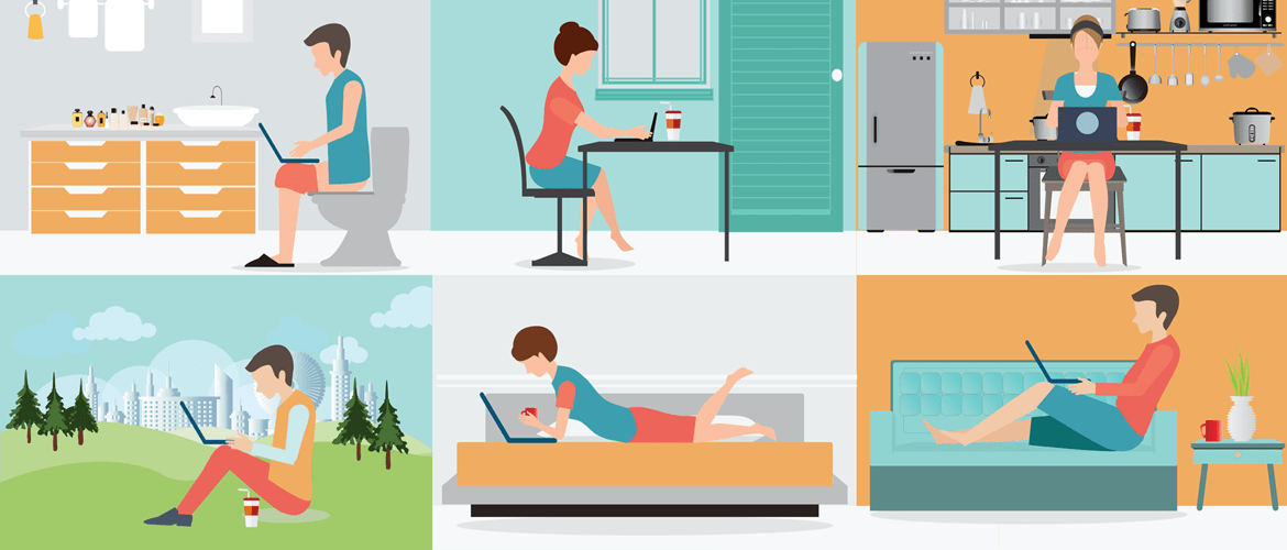 Six illustrations of employees working in different locations around the home and garden