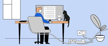 Illustration of a man reading a risk assessment guide on a computer screen while sat at a desk in a home office environment with electrical cabling and a pet cat posing potential hazards