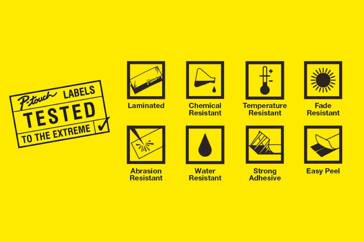 Eight black icons highlighting the durability of Brother's P-touch laminated tape on a yellow background