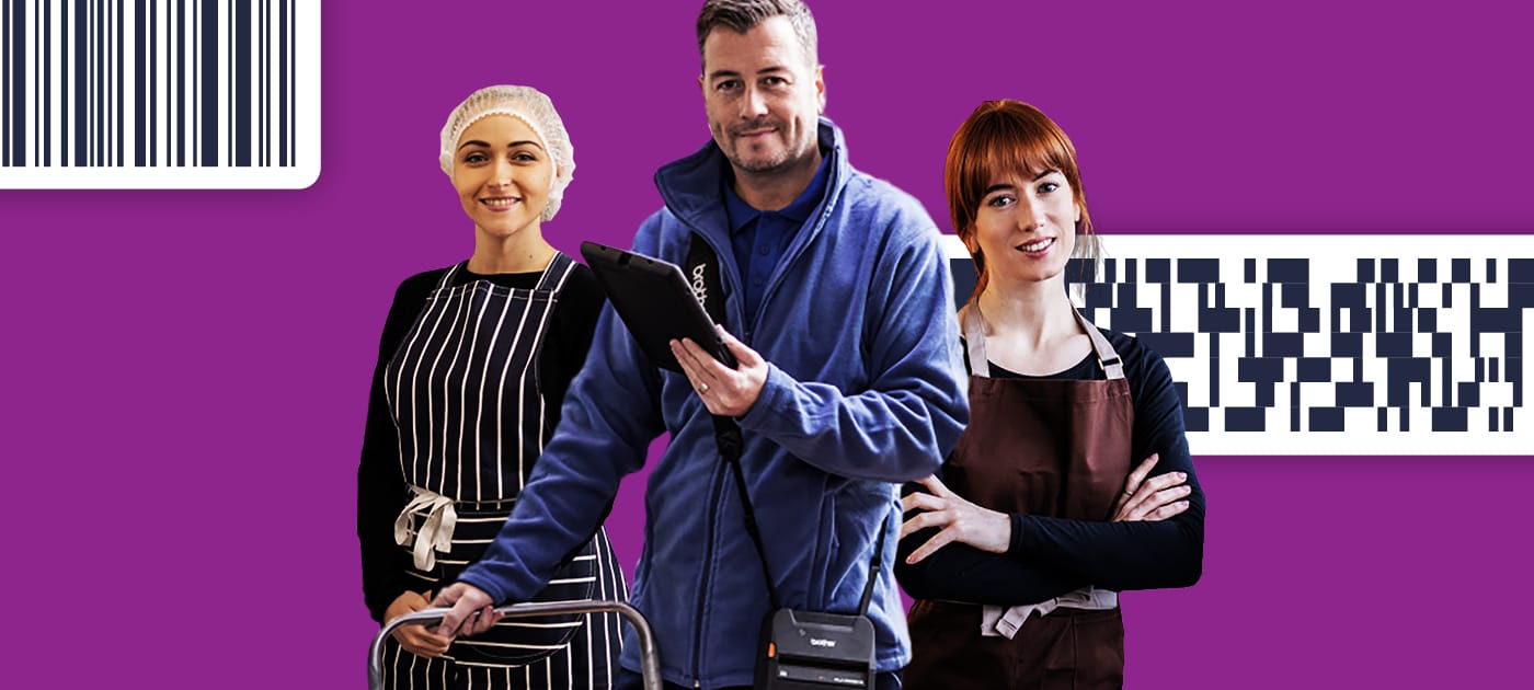 Three workers from different sectors of the retail industry superimposed on a barcode illustrated purple background