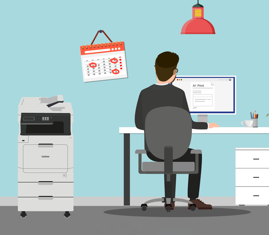 man on computer with printer next to desk