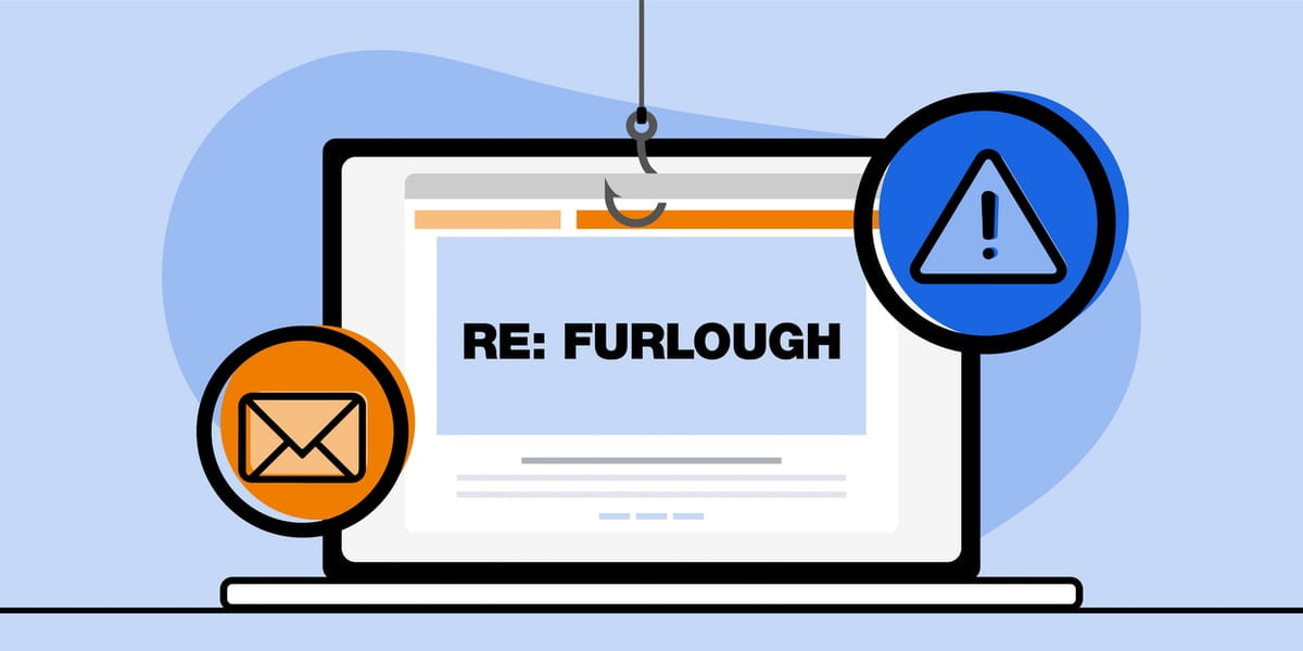 Illustration of a scam email displayed on a notebook computer screen that reads 'RE: Furlough'