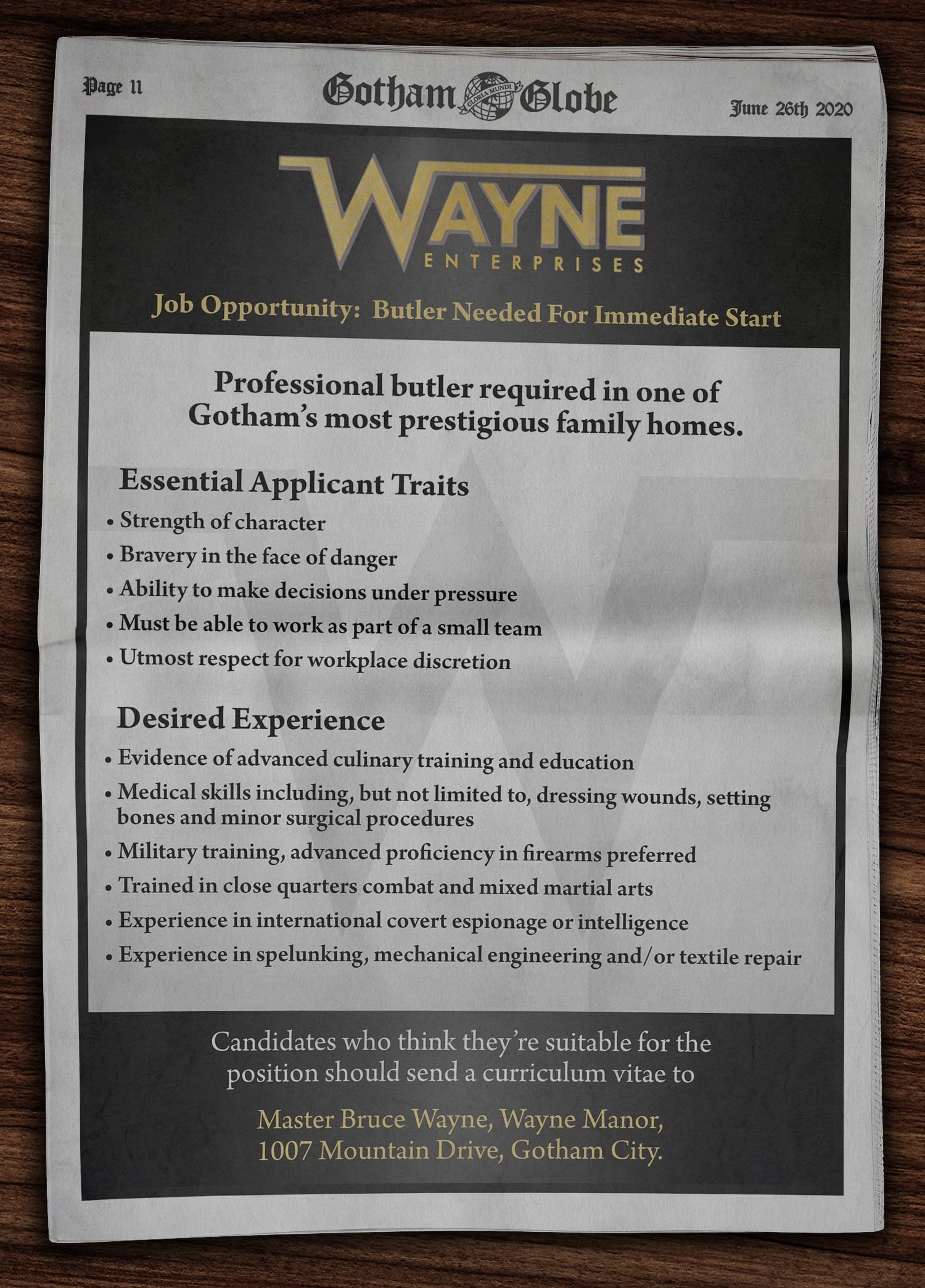 Fictional Batman recruitment poster - Wayne Enterprises advertisement for a professional butler in the Gotham Globe
