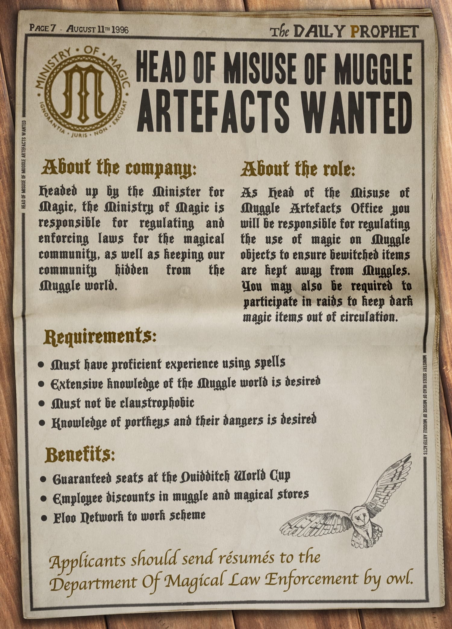 Fictional Harry Potter recruitment poster - Ministry of Magic's advertisement for Head of Misuse of Muggle Artefacts in the Daily Prophet