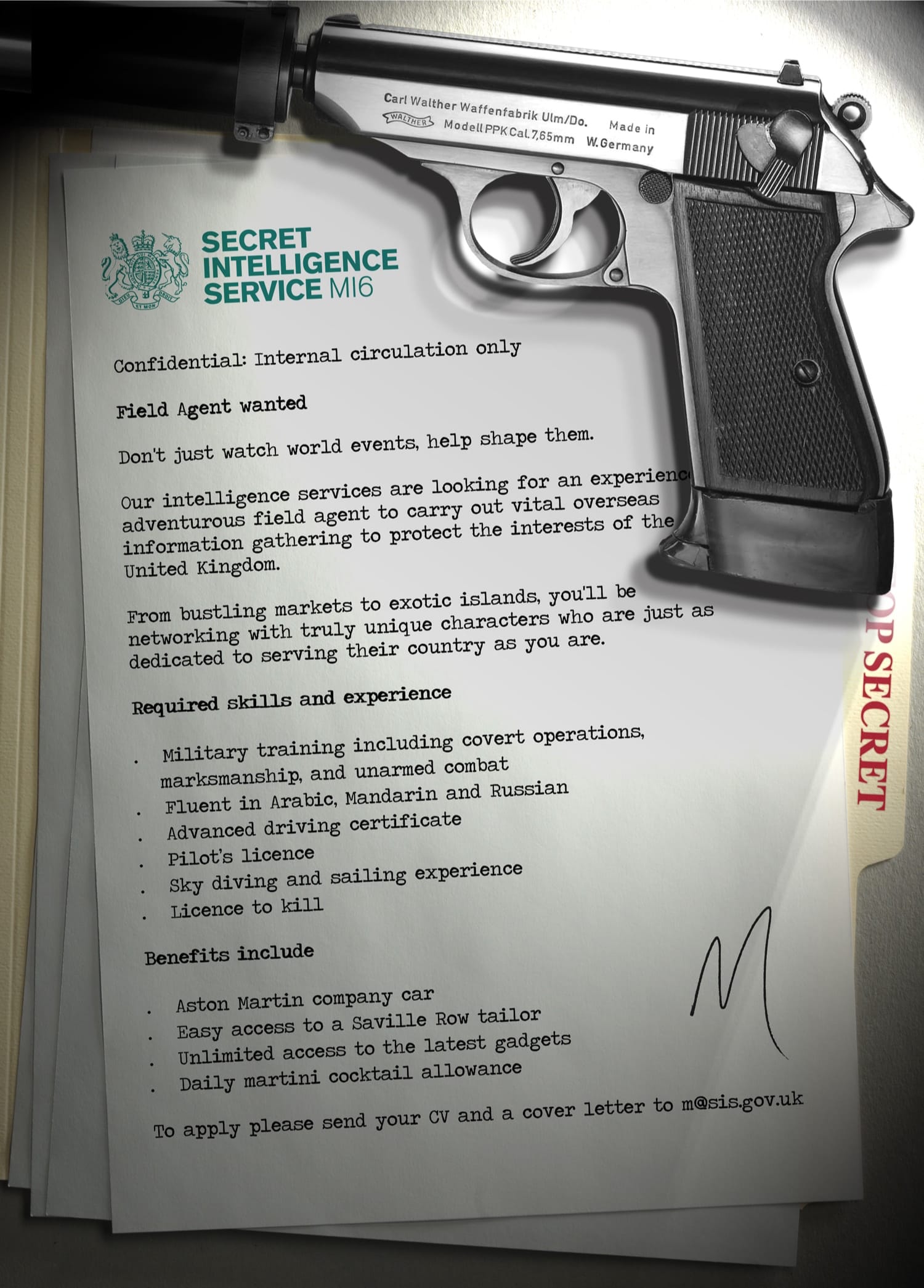 Fictional James Bond recruitment poster - Secret Intelligence Service MI6's internal advertisement for a field agent