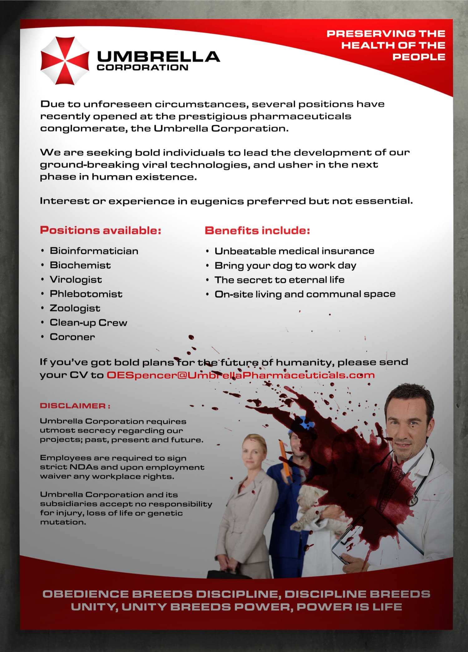 Fictional Resident Evil recruitment poster - Umbrella Corporation's advertisement for various positions