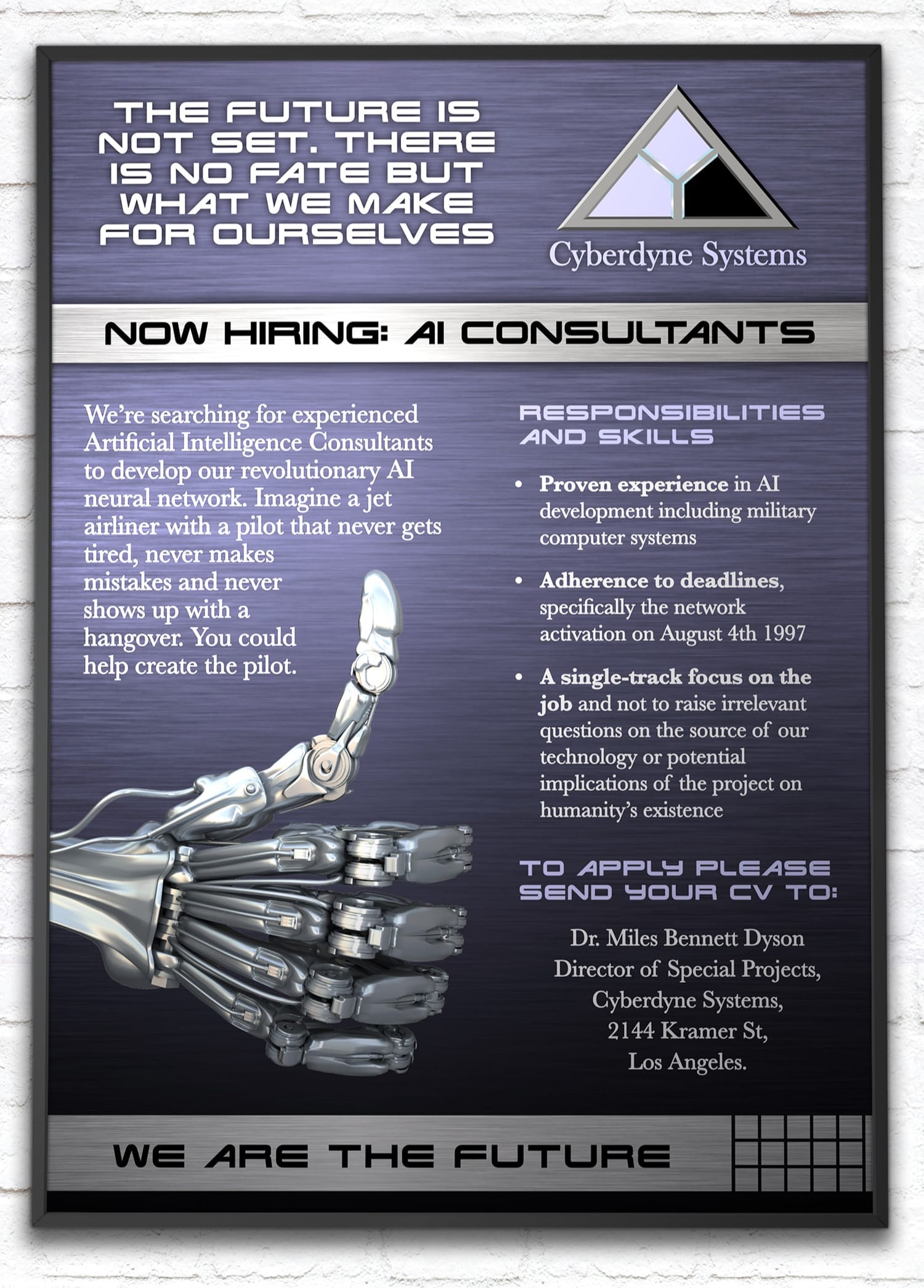 Fictional Terminator recruitment poster - Cyberdyne Systems advertisement for AI consultants