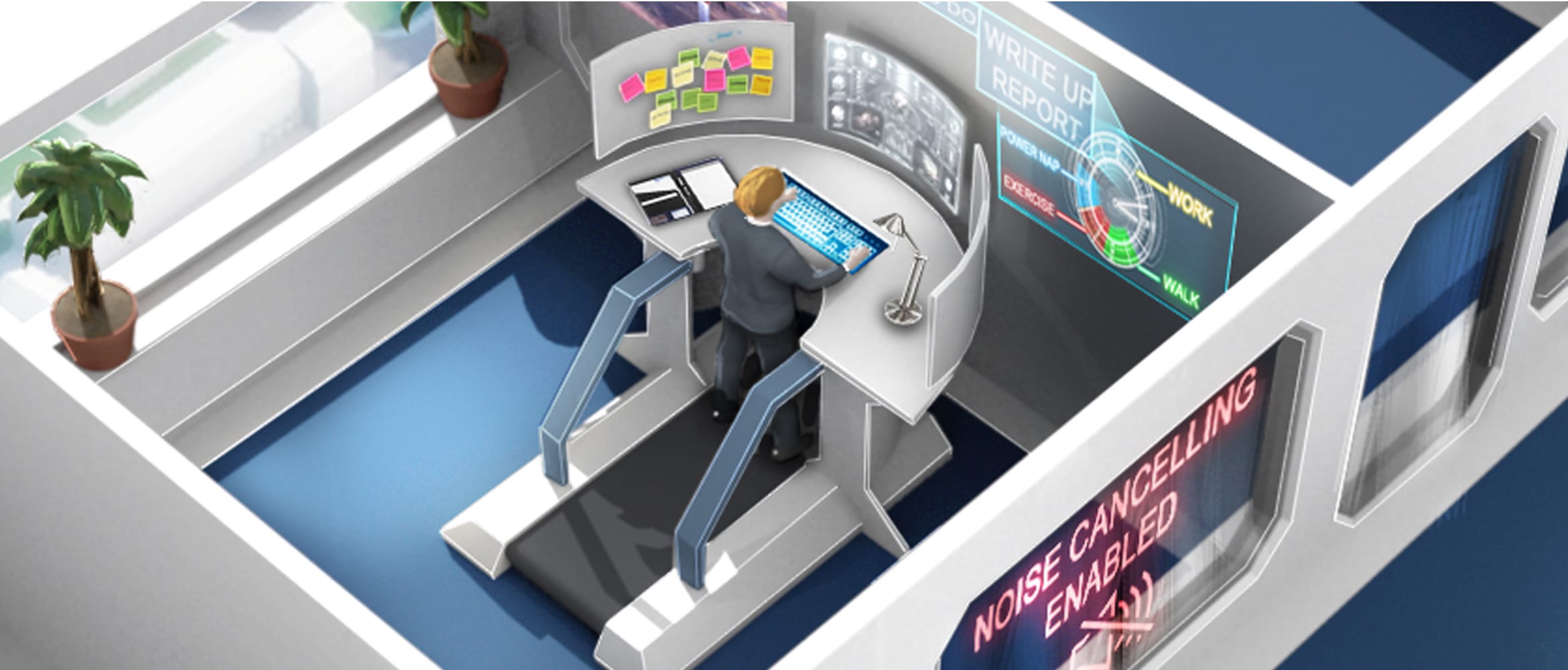 Illustration of the future of the office with anti-distraction tech designed for focus