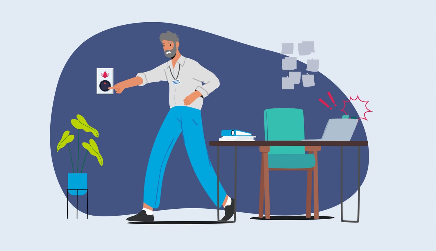 Illustration of a man in a home office environment pressing an alarm button after experiencing a cyber attack on his laptop computer