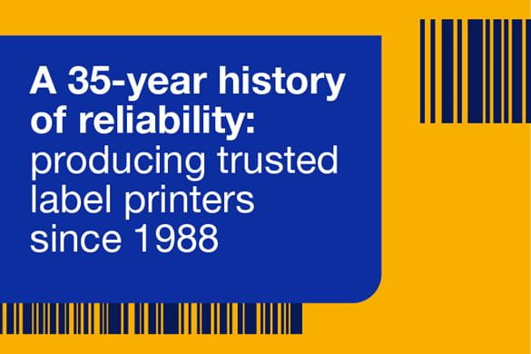 A blue and yellow barcode graphic with the title 'A 35-year history of reliability: producing trusted label printers since 1988'