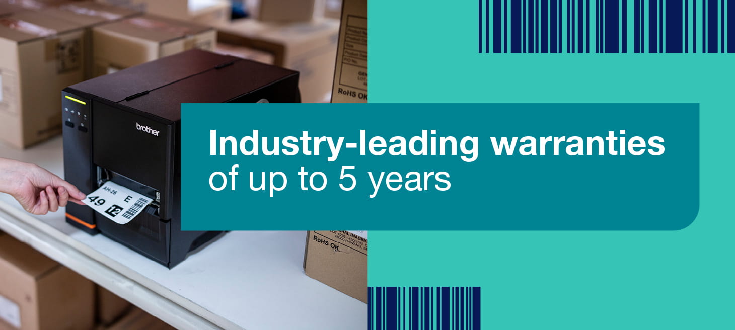 A Brother TJ industrial label printer on the left and a teal barcode graphic on the right with the title 'Industry-leading warranties up to 5 years'