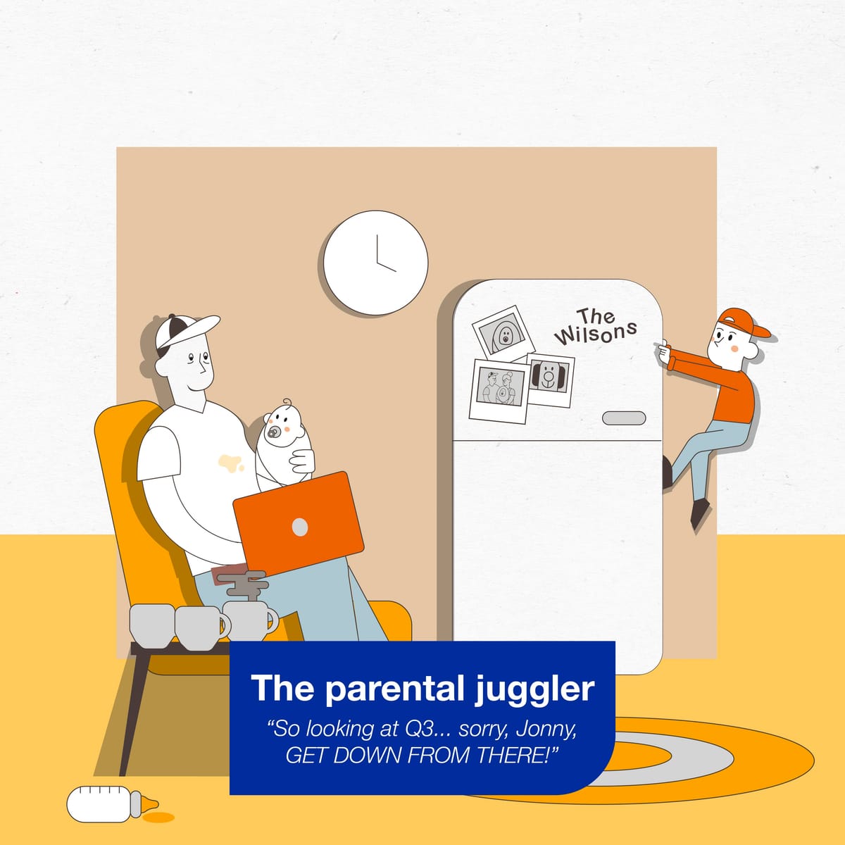 Illustration of a parental juggler using a notebook computer while sat in a armchair with a baby in one hand and a small child climbing up the side of a fridge