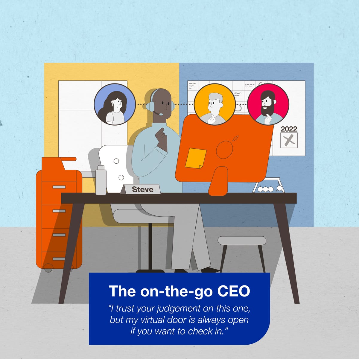 Illustration of an on-the-go CEO video conferencing with three executives from a remote office environment