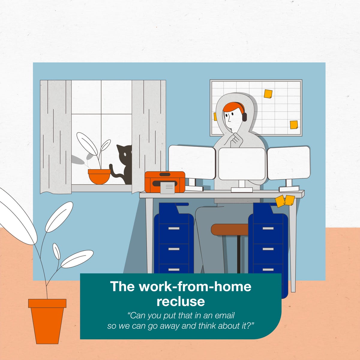 Illustration of a work-from-home recluse surrounded by IT equipment in a home office environment