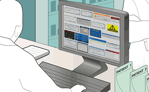 frustrated pharmacist receiving a computer warning