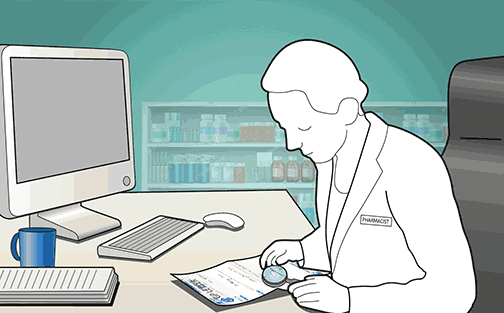 frustrated pharmacist looking at hand-written documents
