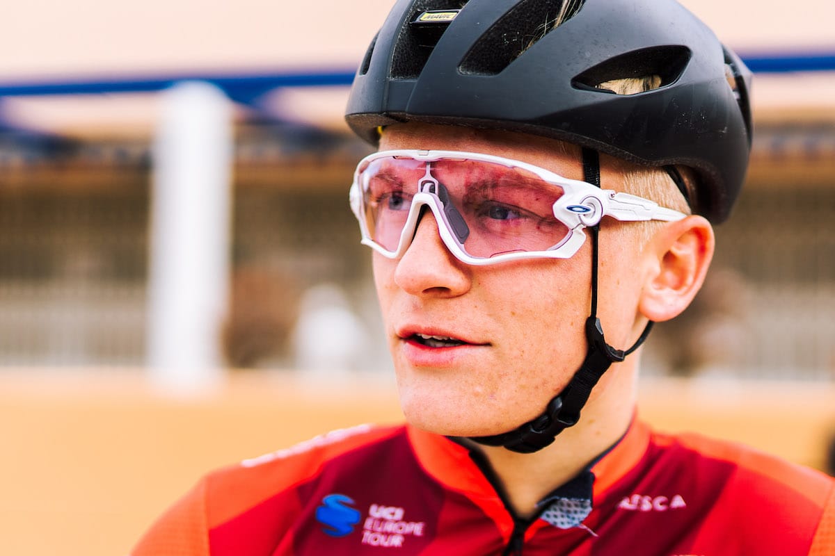 Liam Davies wearing Vitus Pro Cycling Team kit, helmet and glasses