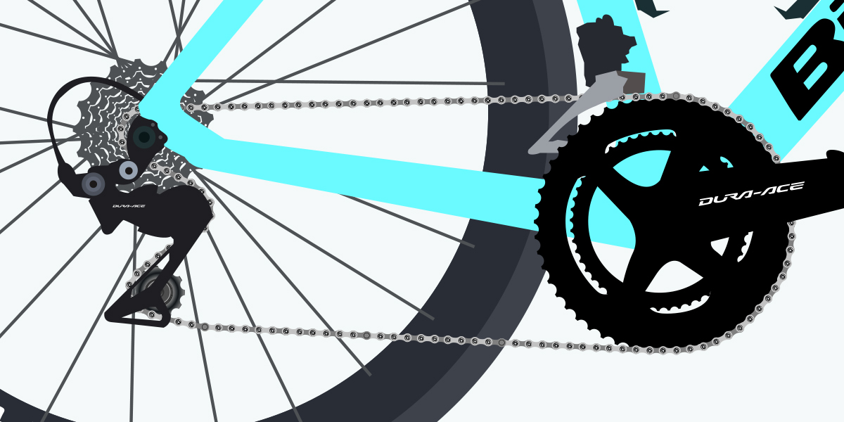 close up illustration of Team OnForm bike groupset
