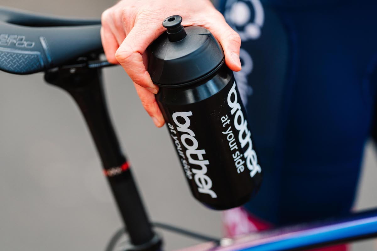 Close up of a Brother branded cycling water bottle