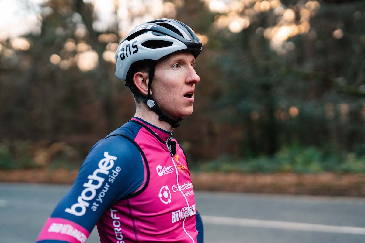 Matt Hallam of cycling team Crimson Performance with Brother branded clothing