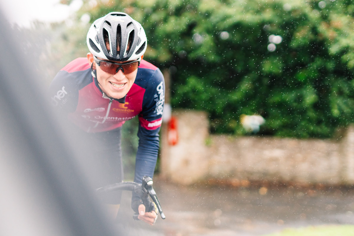 Cyclist during a race with helmet and glasses