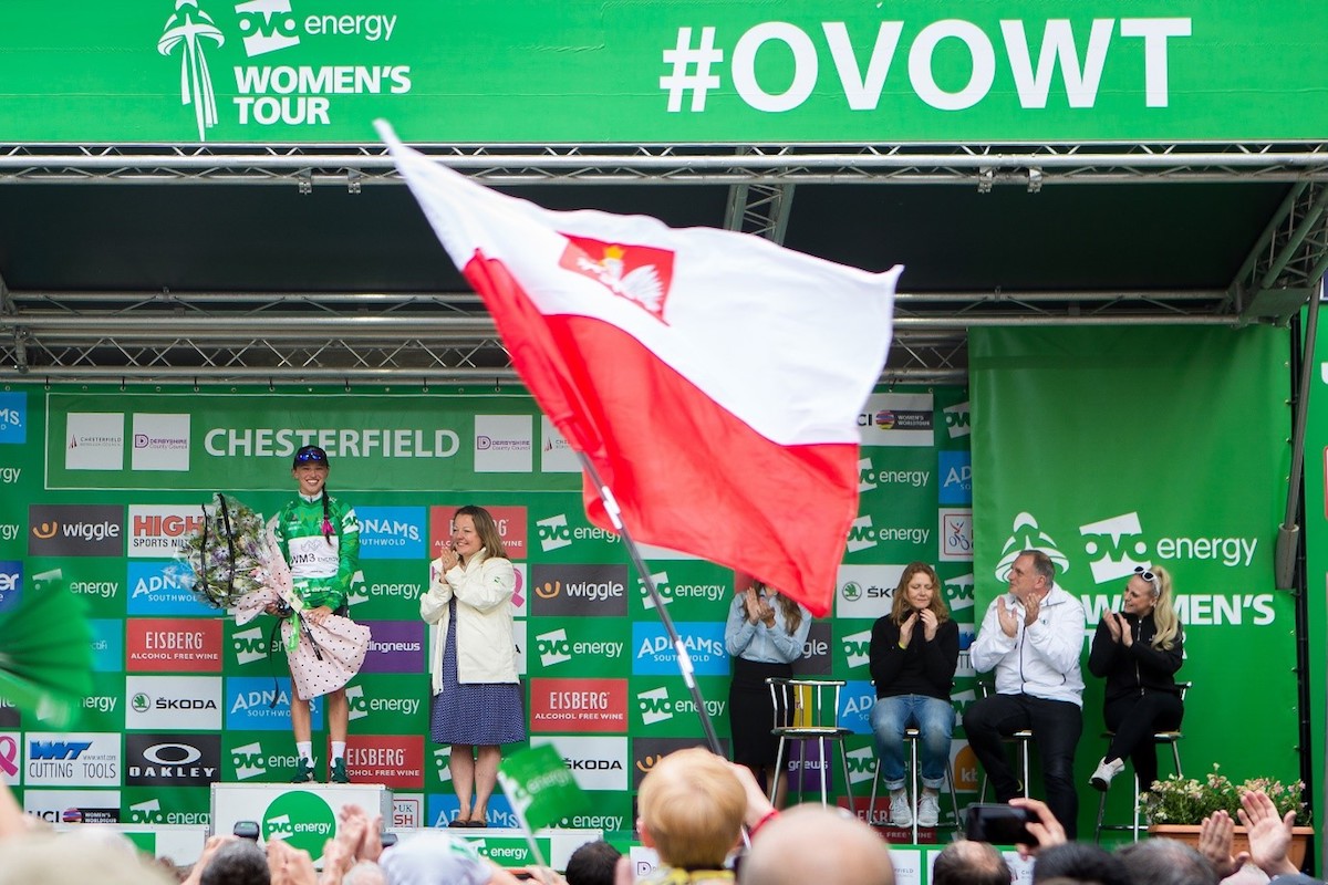 OVO Energy Women's Tour stage winner celebrates on the podium