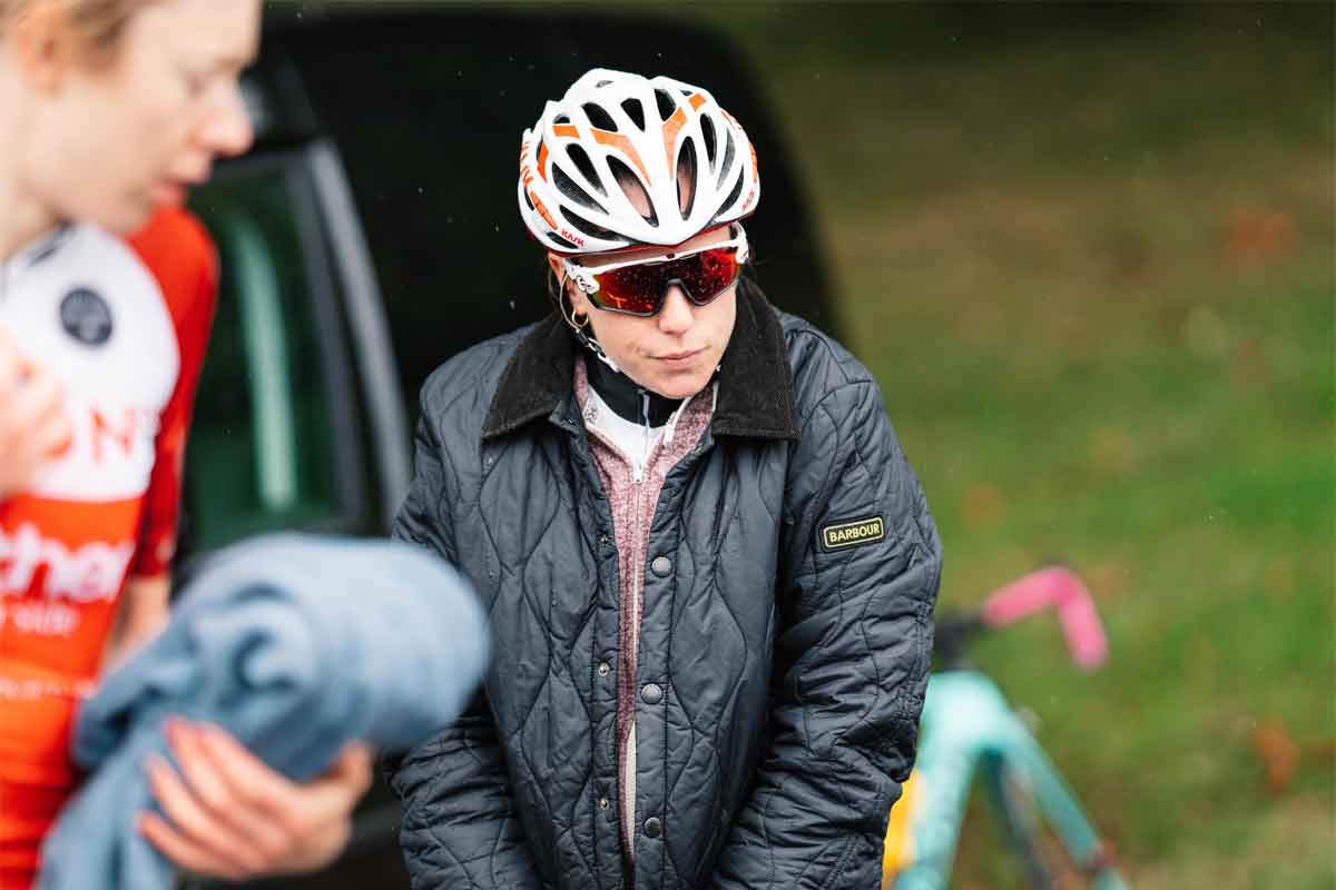 Fusion RT cyclists with Barbour jacket and helmet on