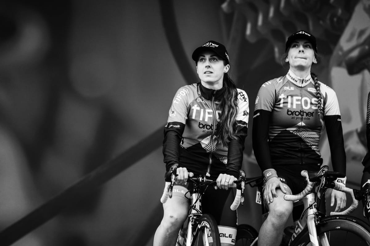 Rebecca Durrell and Brother UK-Tifosi p/b OnForm team mate sitting on bikes while stationary