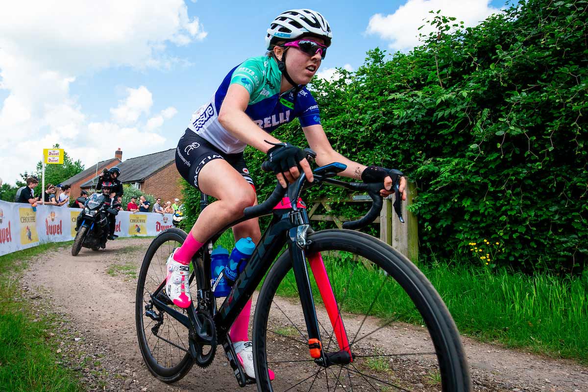 Close up of Sophie Wright and her bike during a cycling race