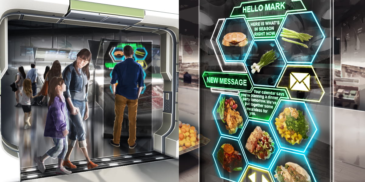 future of grocery shopping, customers using touch screen displays to choose their items 