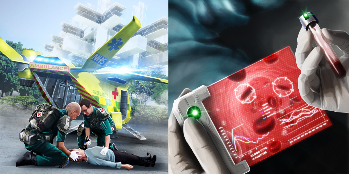 future of healthcare, air ambulance arrives and paramedic undertakes digital blood test