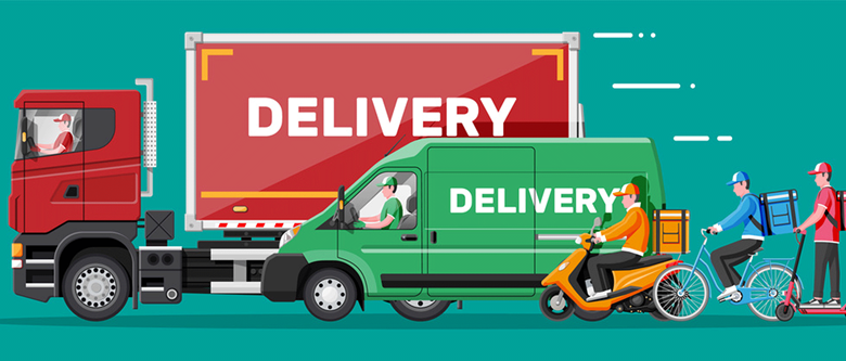 Illustration of a delivery lorry, van and bikes