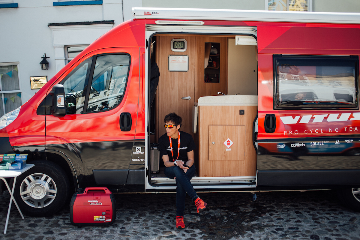 Cherie Pridham sat in the Vitus Pro team bus