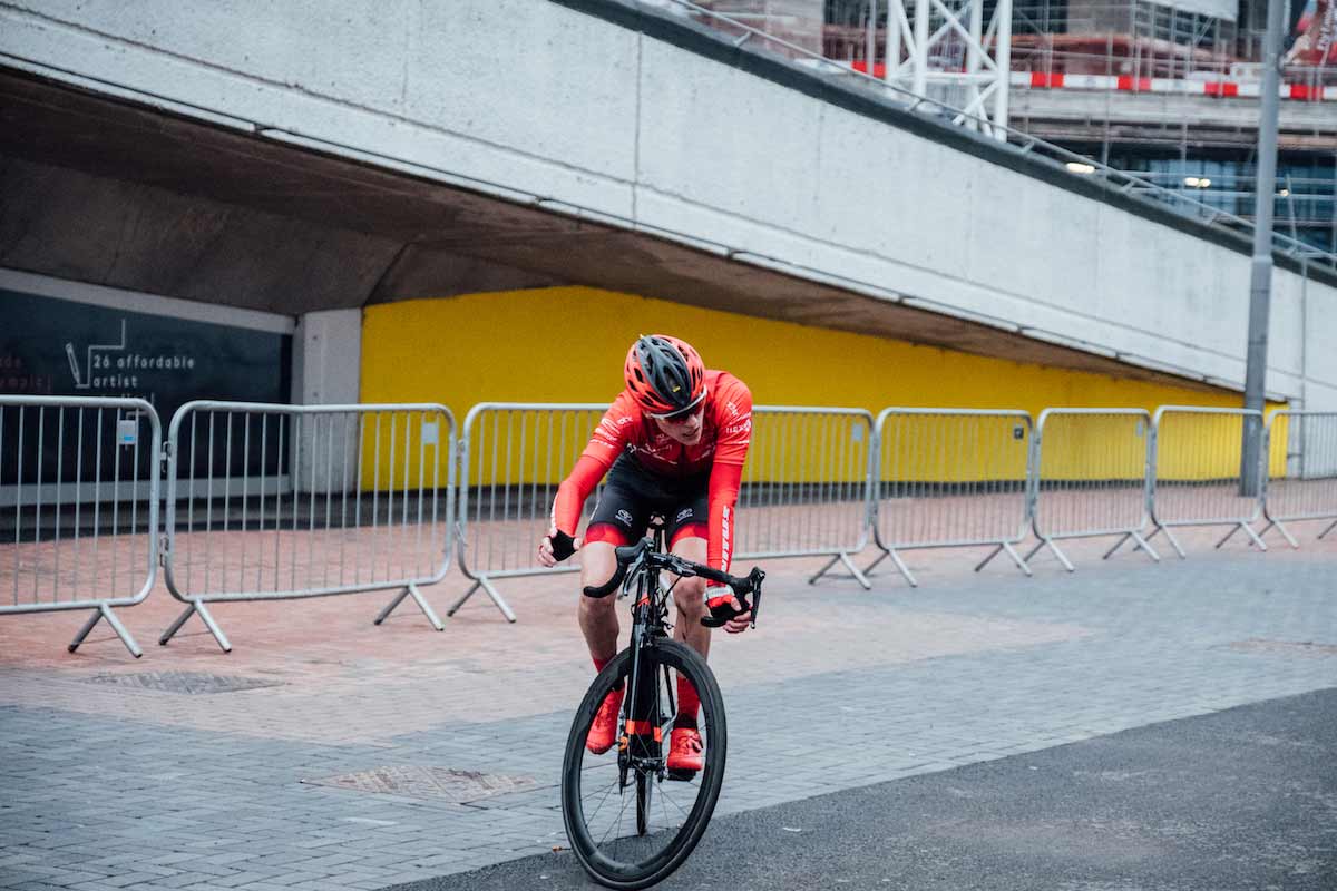 Liam Davis turning around on his bike