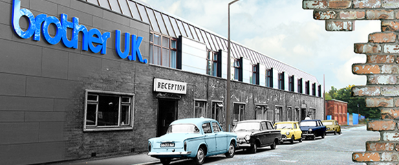 a papers sizes collage of vintage car outside the brother uk offices