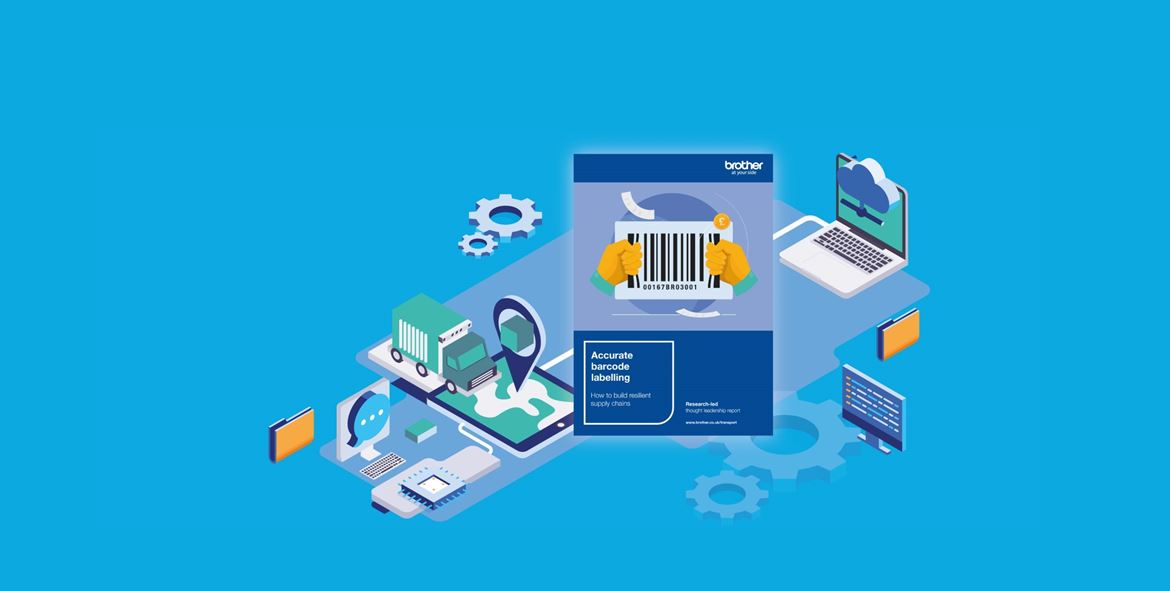 Brochure with barcode, cogs, cloud, folder icons 