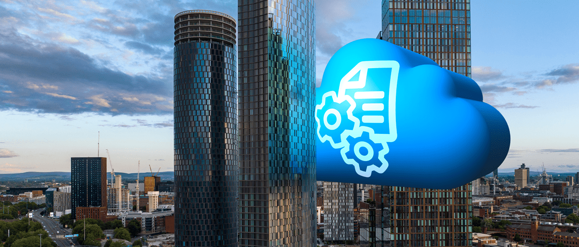 Cloud workflow automation icon between tall city office buildings